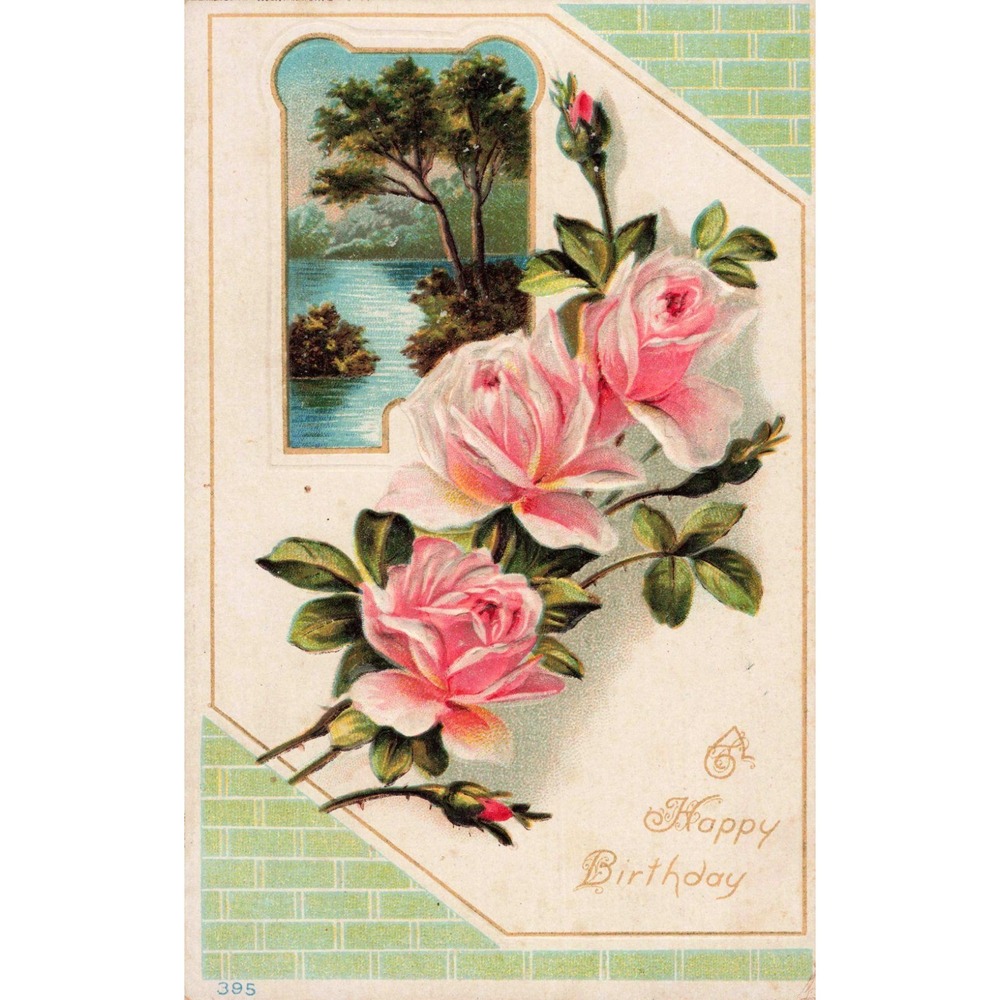 Vintage Embossed Happy Birthday Postcard Pink Roses Scenic Landscape 395